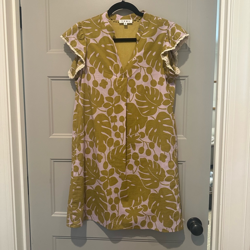 Olive palm leaf, violet background dress with flutter sleeve